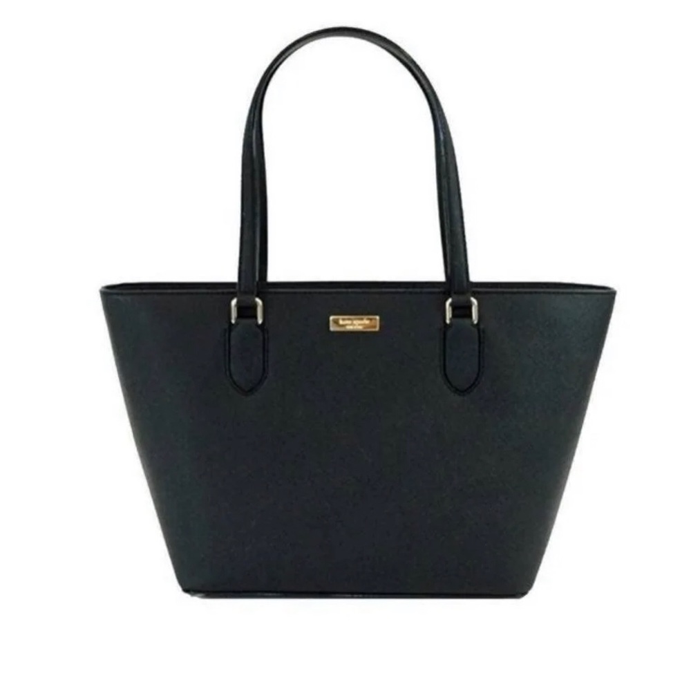 Kate spade Black leather zippered tote bag with gold hardware